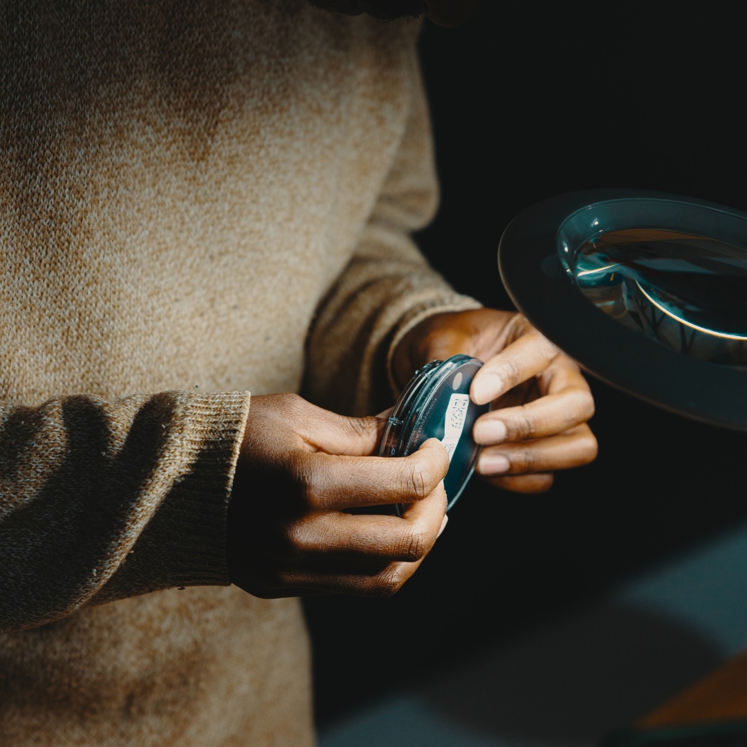 Hands holding a round solar light module under a magnifying lamp